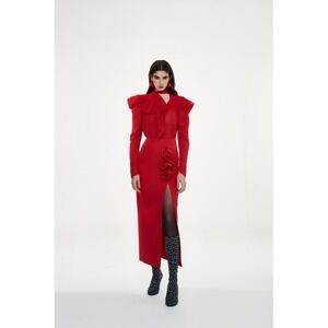 Innovare Denim NEW Women's Red‎ Sheer Button Down Tie Neck Puff Sleeve Blouse S